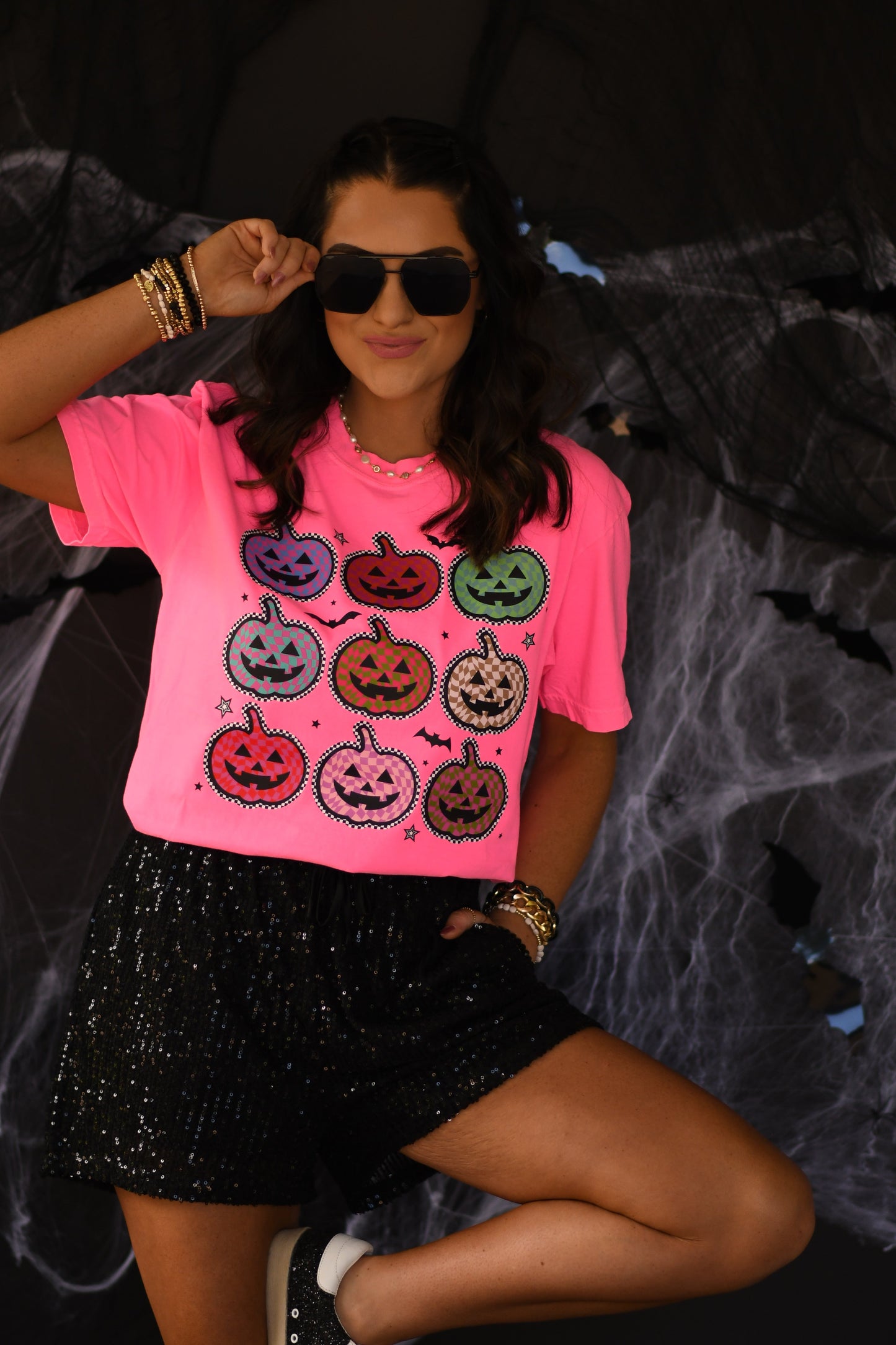 Neon Checkered Jack O Lanterns Tee