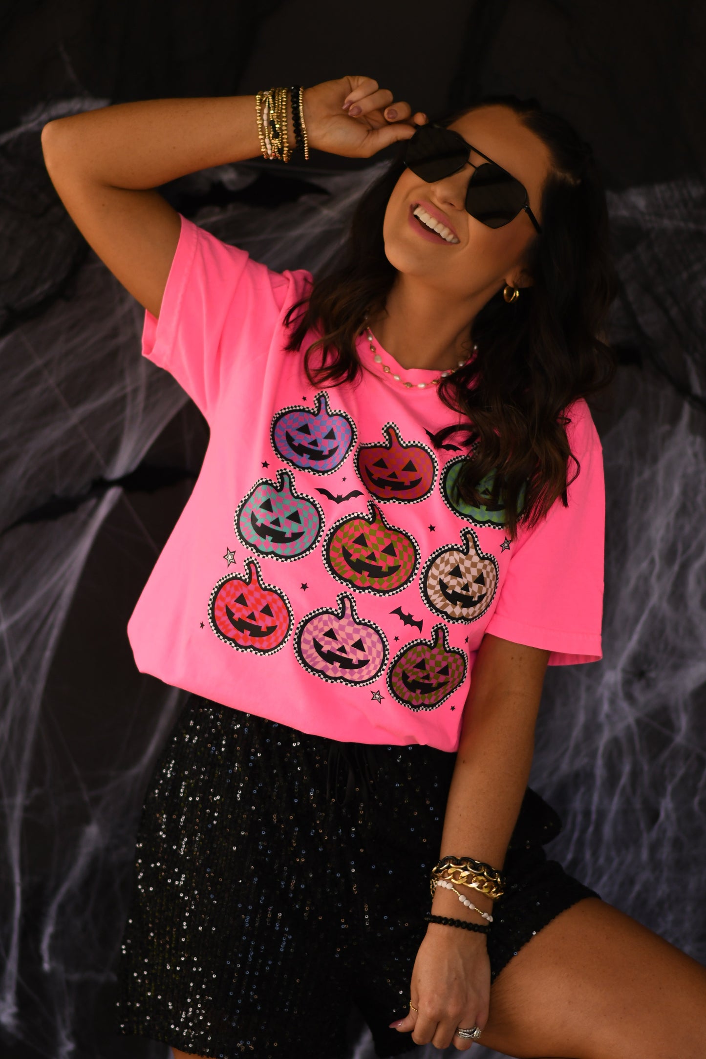 Neon Checkered Jack O Lanterns Tee