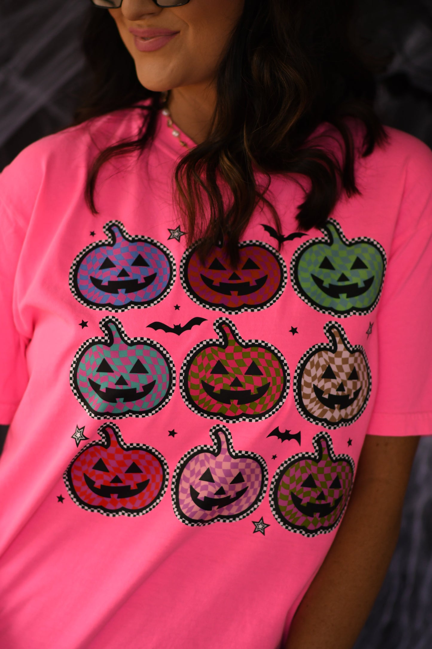 Neon Checkered Jack O Lanterns Tee