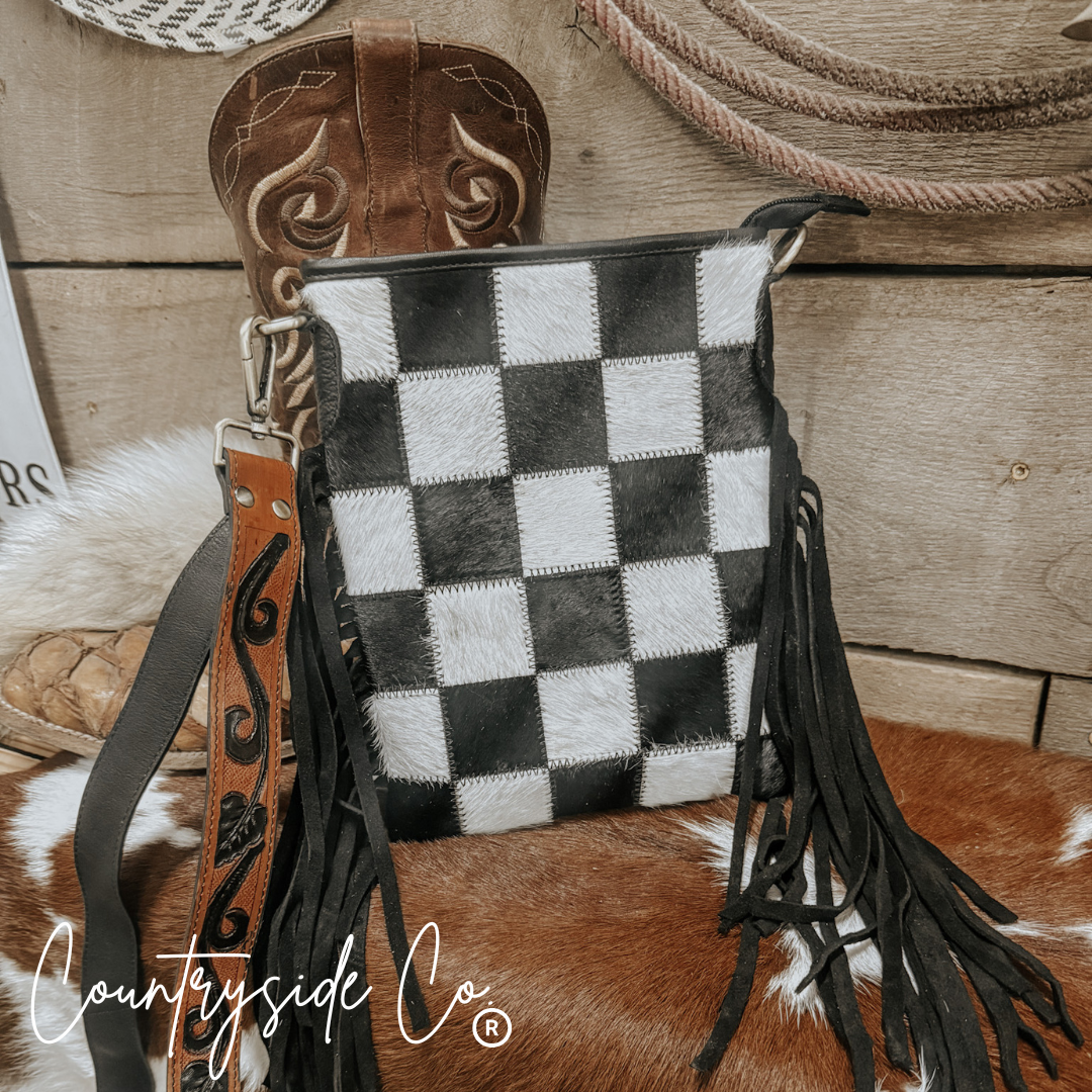 Stockyard Checkered Cowhide Fringe Purse by Countryside Co.
