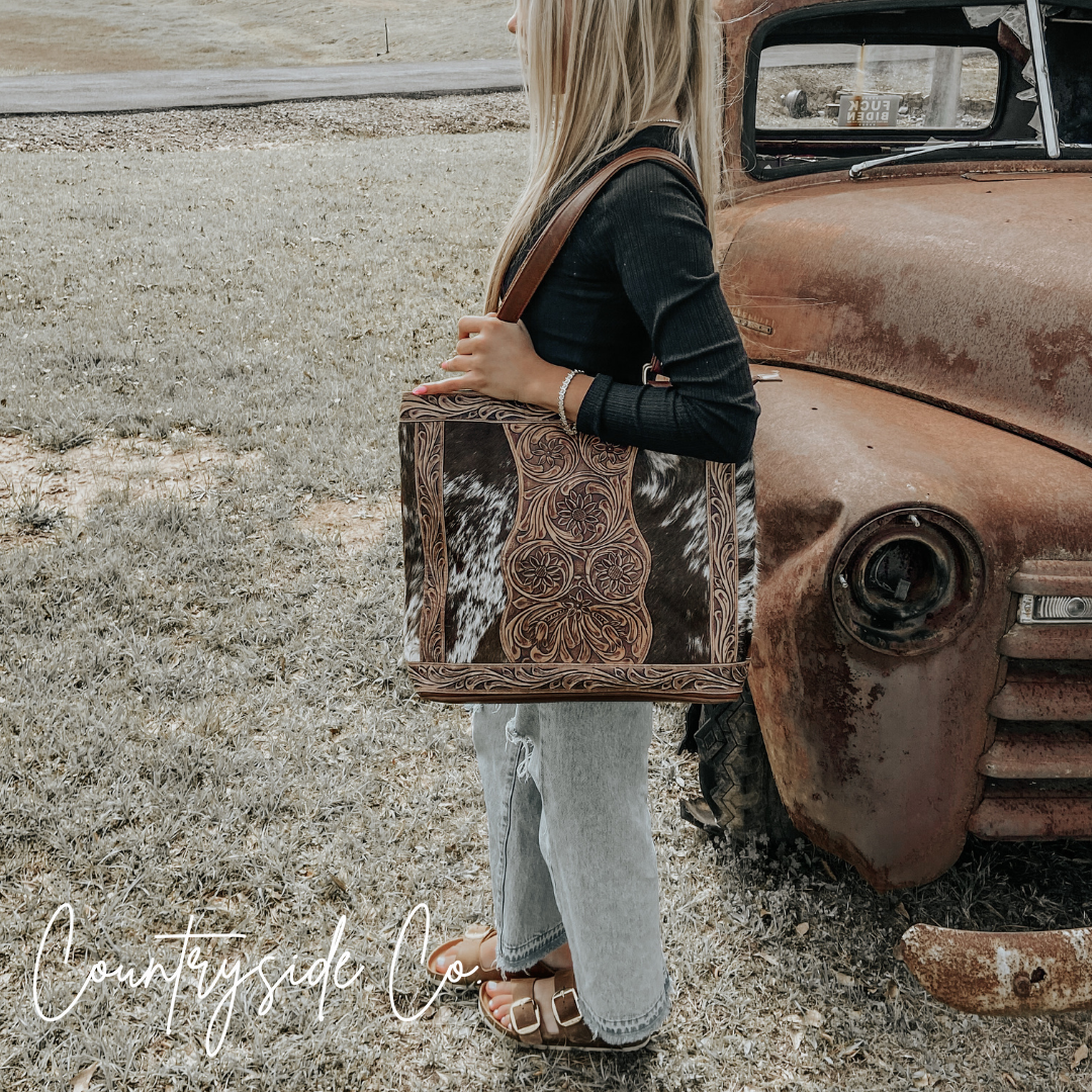 Lucille Conceal Carry Cowhide and Tooled Leather Tote Bag