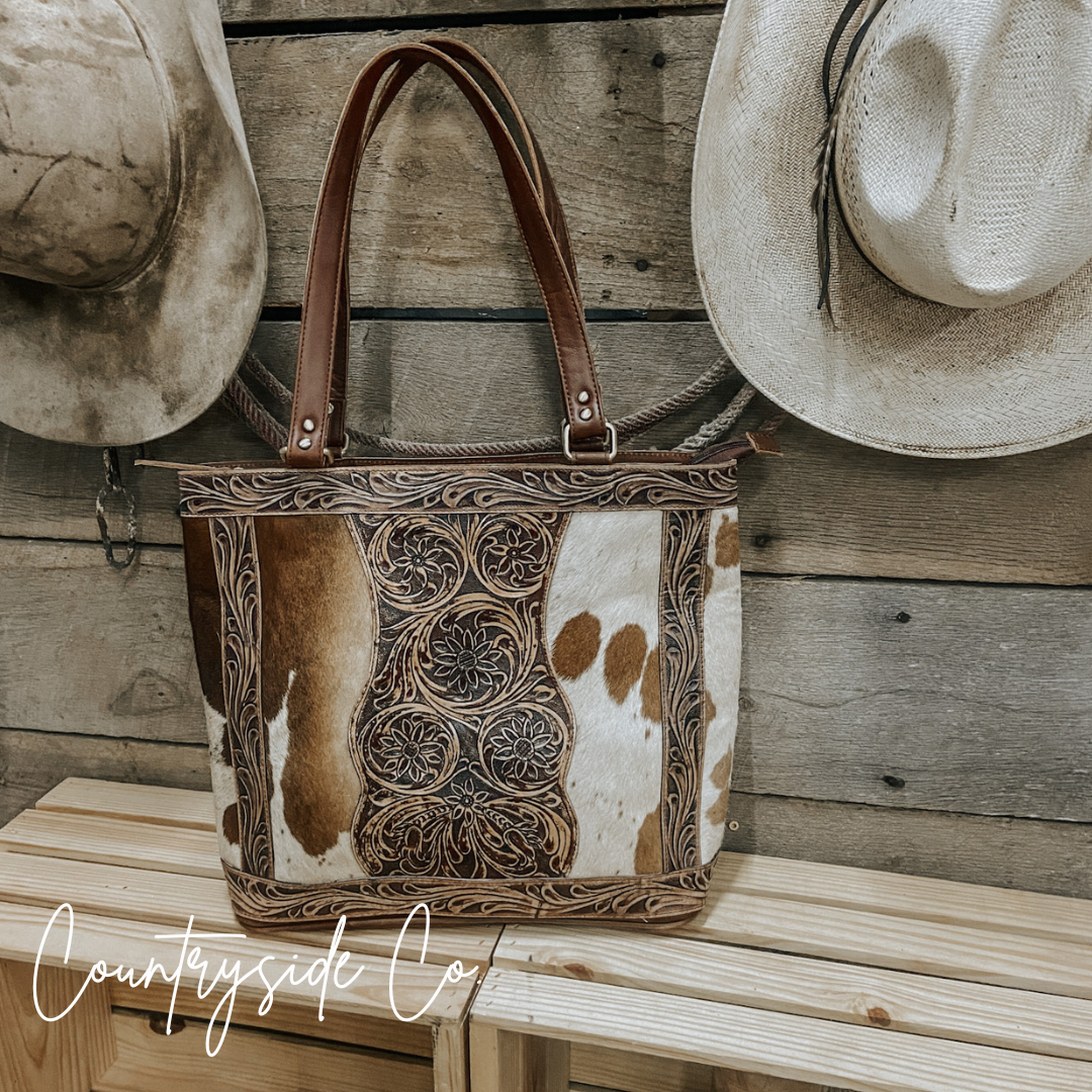 Lucille Conceal Carry Cowhide and Tooled Leather Tote Bag