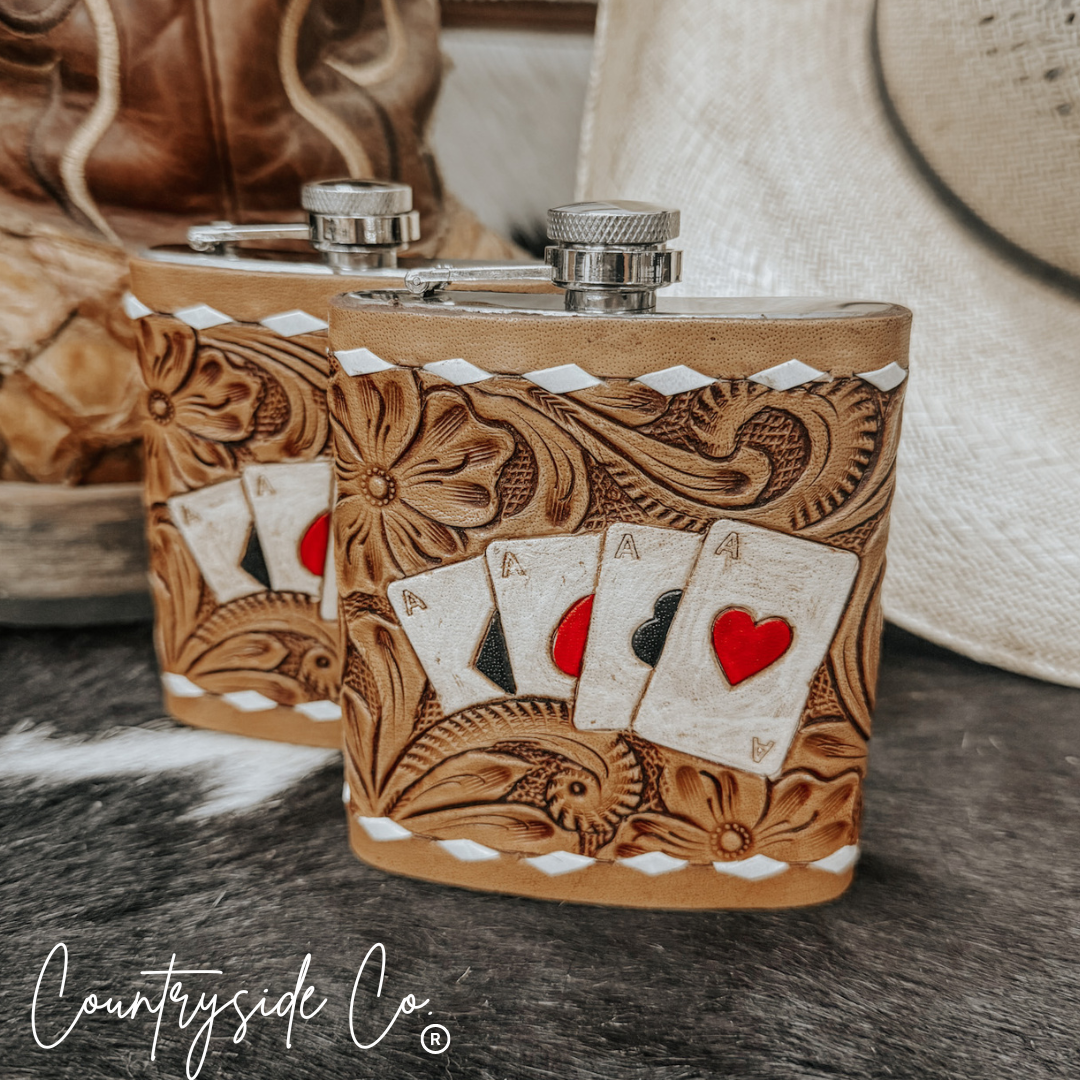 Gambler Tooled Leather Flask by Countryside Co.