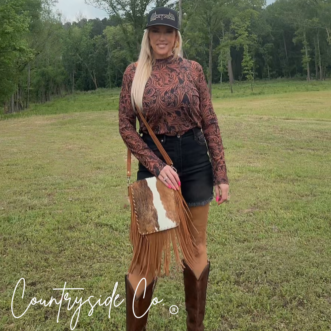 Bessie Cowhide Suede Fringe Purse by Countryside Co.