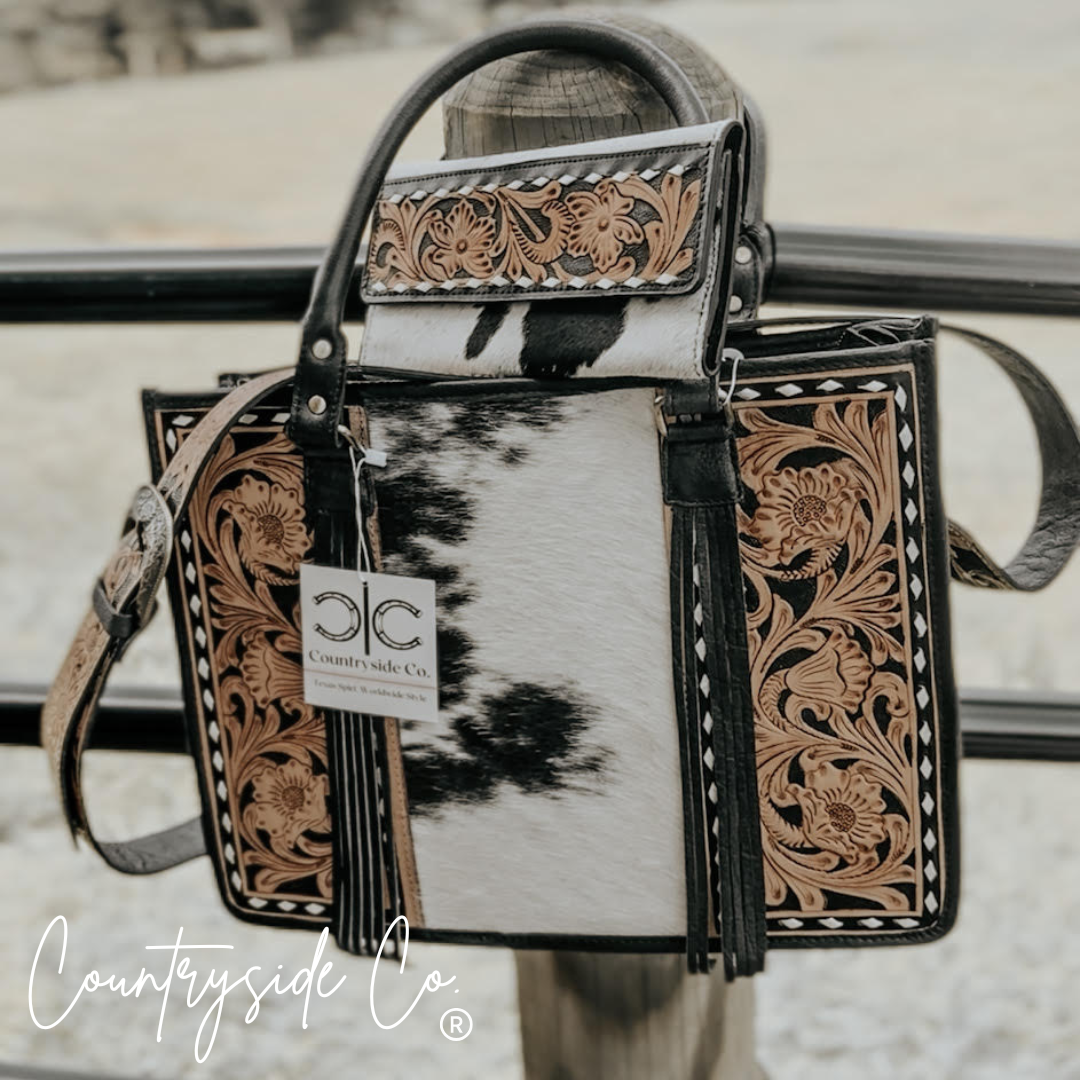 Panhandle Tooled Leather Cowhide Conceal Carry Tote, Computer Bag by Countryside Co.