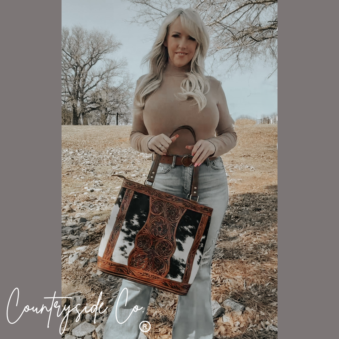 Lucille Conceal Carry Cowhide and Tooled Leather Tote Bag