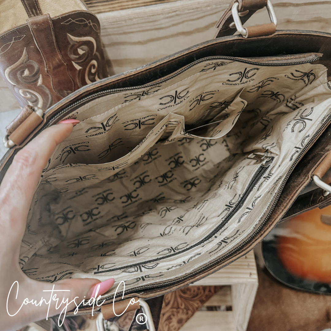 Lucille Conceal Carry Cowhide and Tooled Leather Tote Bag