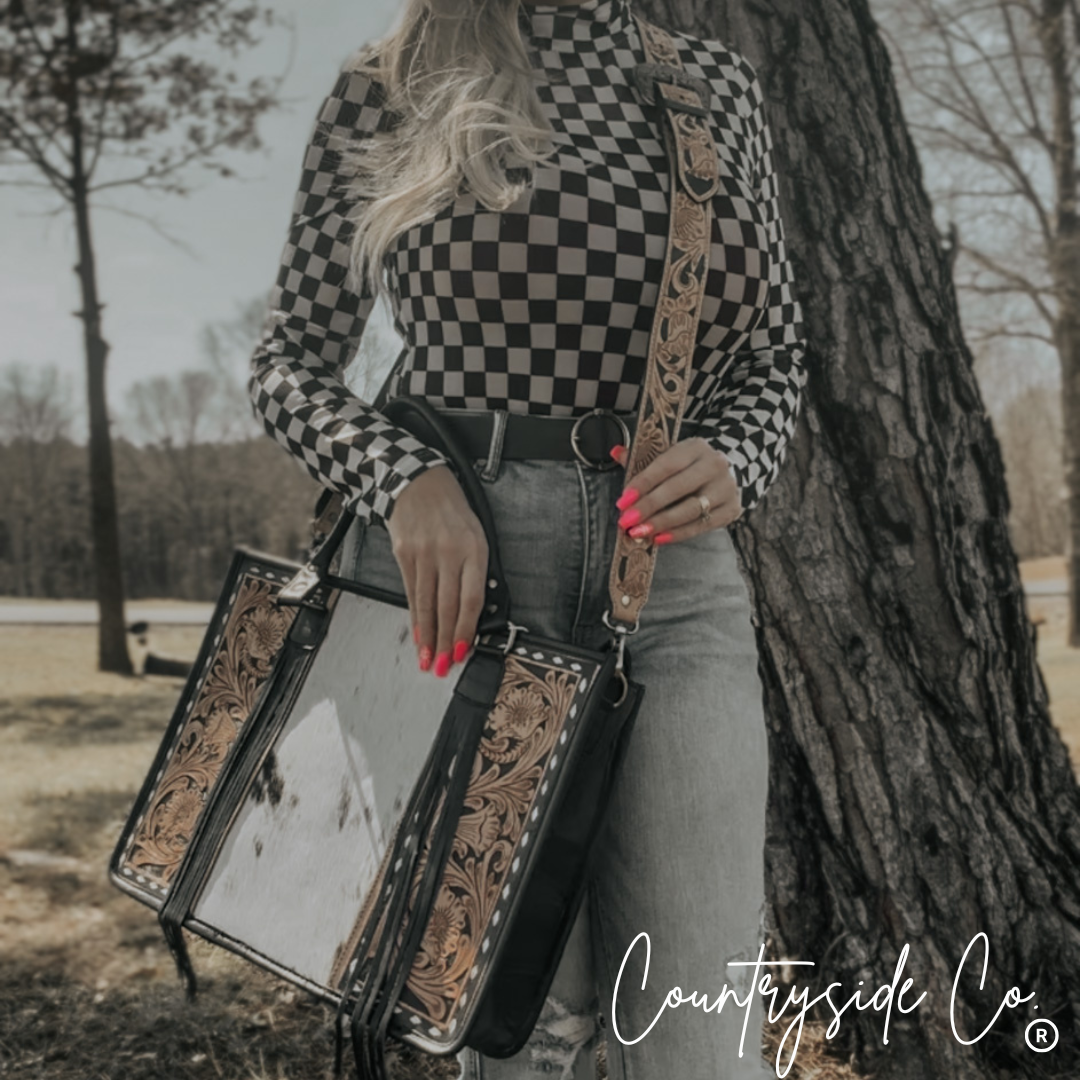 Panhandle Tooled Leather Cowhide Conceal Carry Tote, Computer Bag by Countryside Co.