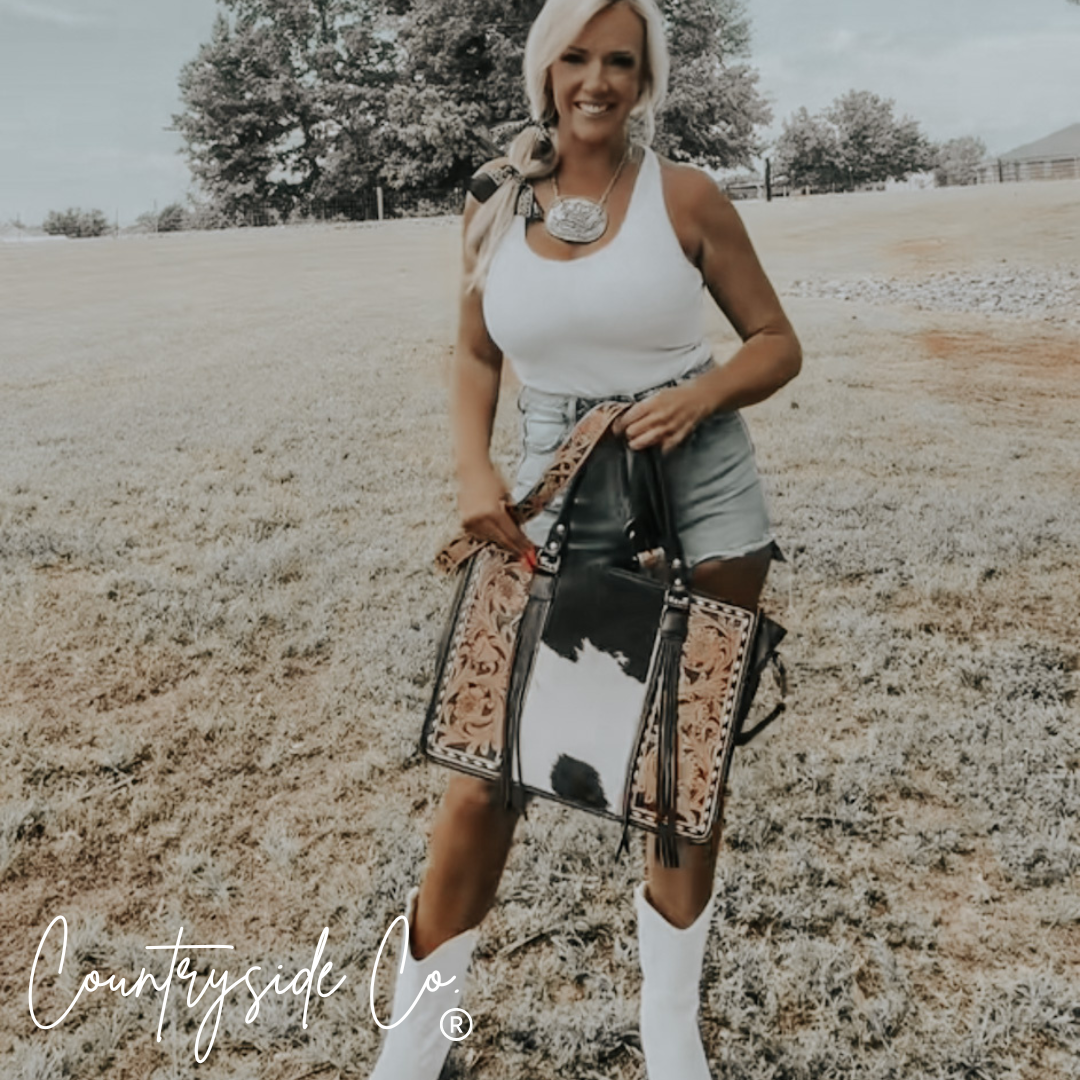 Panhandle Tooled Leather Cowhide Conceal Carry Tote, Computer Bag by Countryside Co.