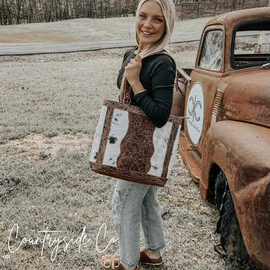 Lucille Conceal Carry Cowhide and Tooled Leather Tote  Bag