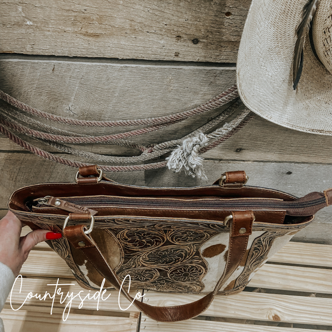 Lucille Conceal Carry Cowhide and Tooled Leather Tote  Bag