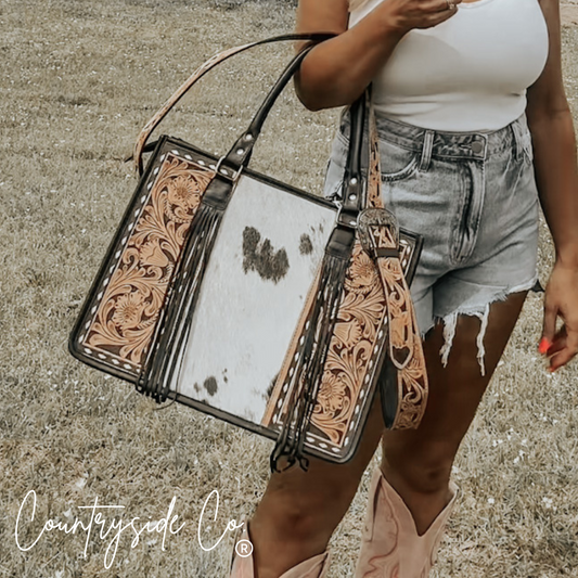 Panhandle Tooled Leather Cowhide Conceal Carry Tote, Computer Bag by Countryside Co.