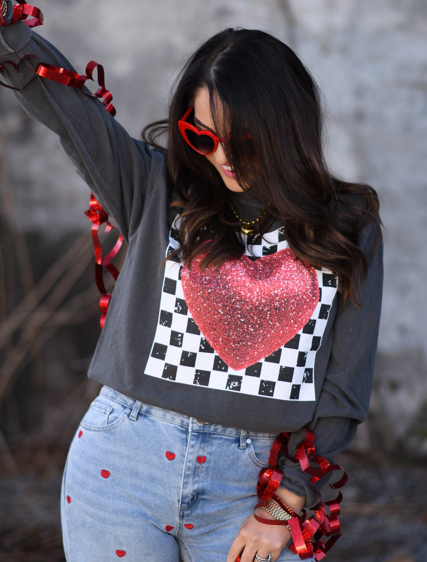 Glittered Checkered Heart Tee / Long Sleeve Tee