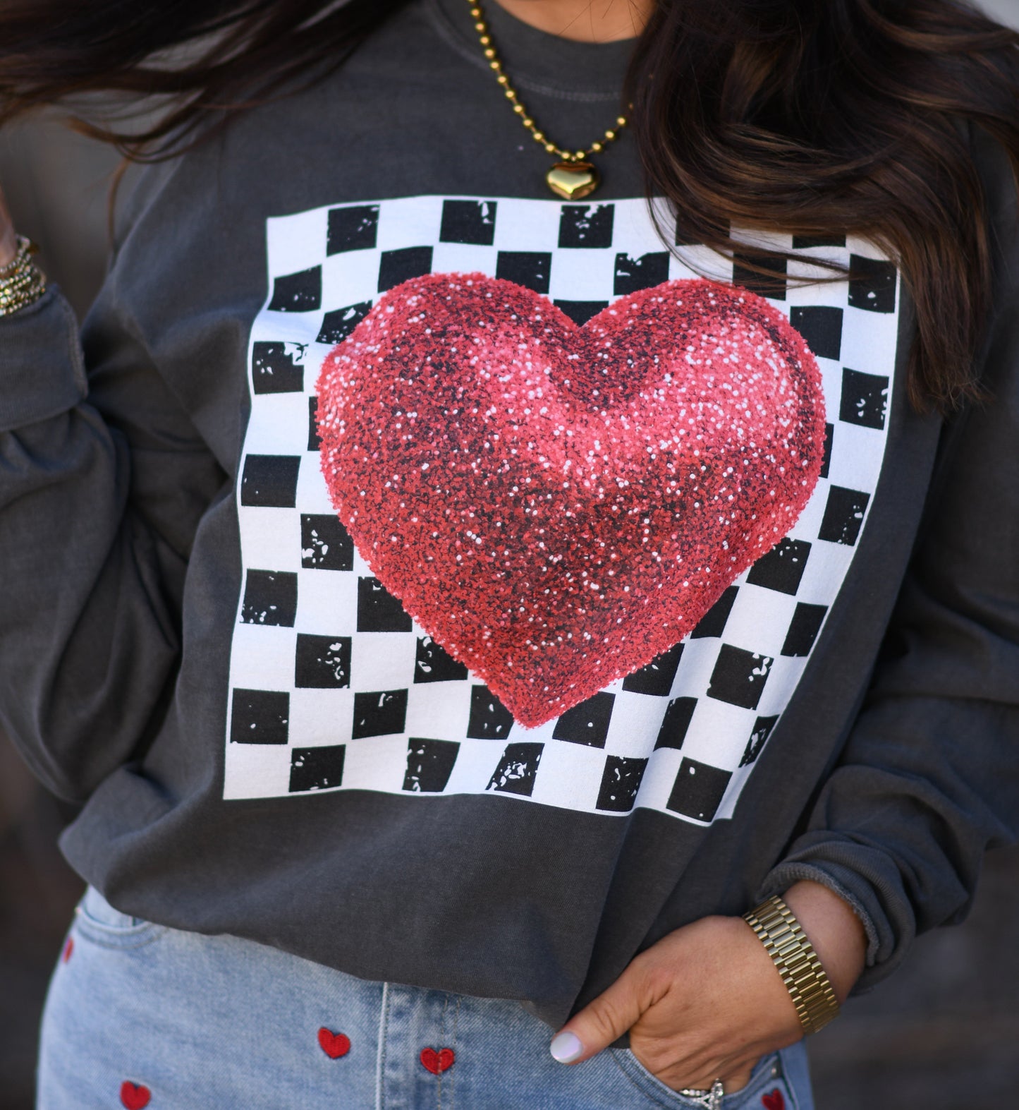 Glittered Checkered Heart Tee / Long Sleeve Tee