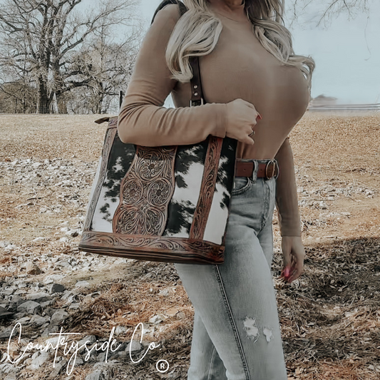 Lucille Conceal Carry Cowhide and Tooled Leather Tote  Bag